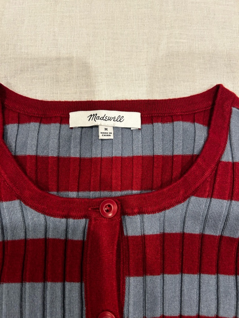 Striped Rib-Knit Button Cardigan - Red & Gray - Picture 3 of 3